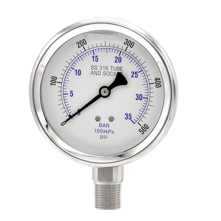 4 In Dial, 0/500 PSI & Bar, 1/2 In NPT, Lower Mount Glycerin Filled Pressure Gauge